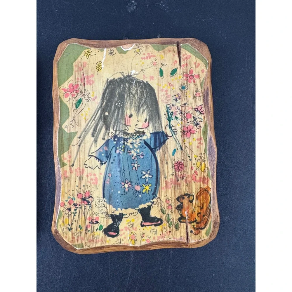 Vintage Mario Wood Wall Plaques Boy Girl Mid Century‎ Kitsch Decor Set of 2